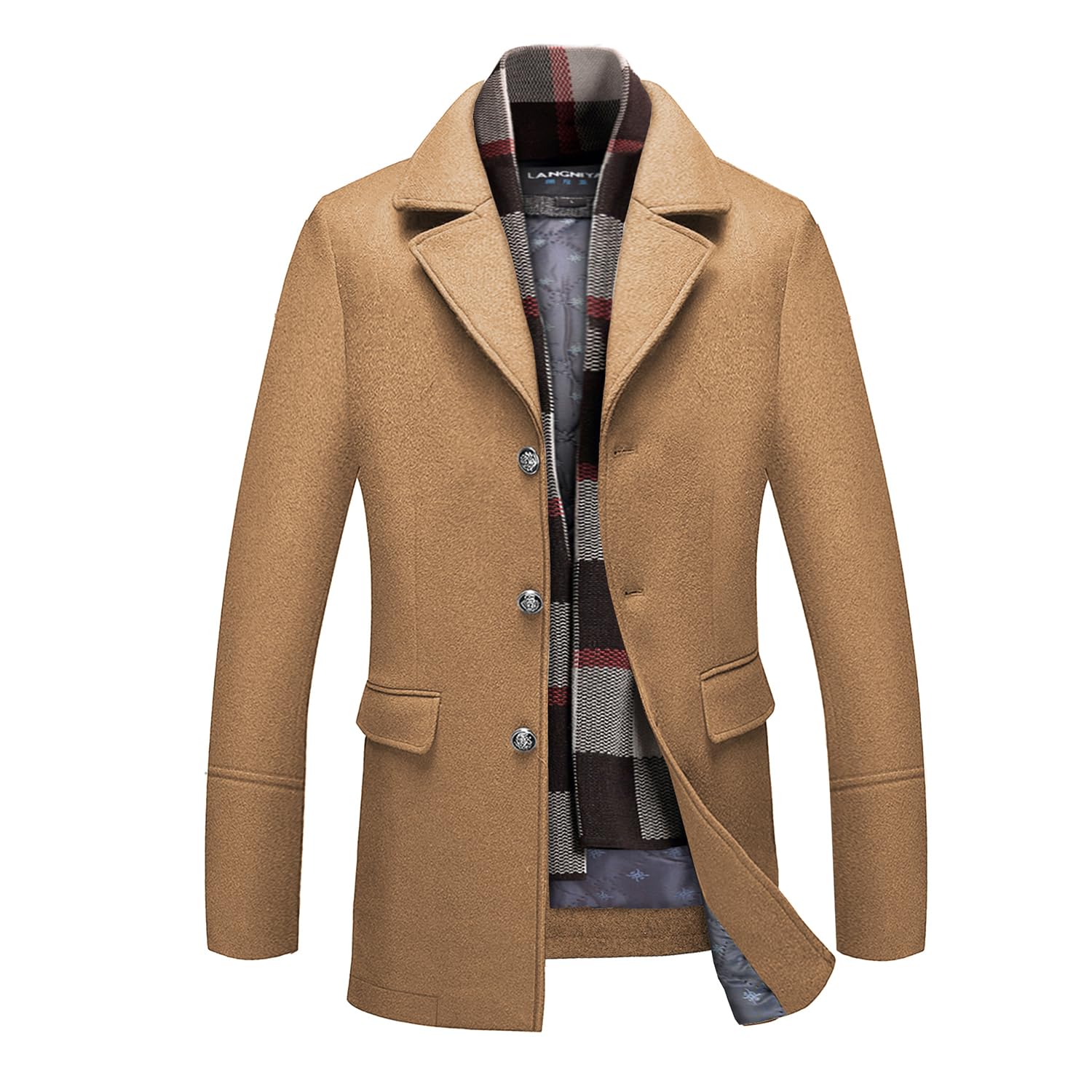 INVACHI Men's Wool Blend Pea Coat Warm Winter Trench Coat with Detachable Soft Scarf Single Breasted Overcoat